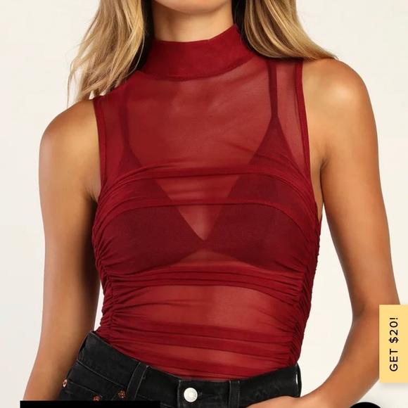 Burgundy Ruched Mock Neck Sheer Mesh Bodysuit - Picture 2 of 2